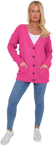 Fashion Flair Ladies Cardigan 5 Button V-Neck Long Sleeves Cable Knitted Chunky Grandad Cardigans Sweater Jumper Top for Women UK Plus Size