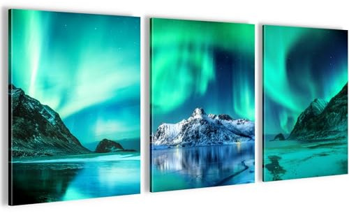Novart Wandbilder Set Polarlicht Nachthimmel - KOMPLETT AUFHÄNGFERTIG - Wohnzimmer Schlafzimmer Flur Deko - 3 Moderne Bilder Grün Blau - N034835a