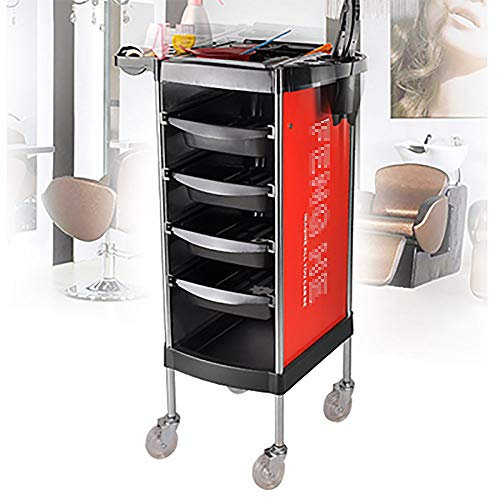 Professioneller Friseurwagen mit Haartrockner-Halter, 4 Schubladen und Griffen, multifunktionaler Beauty-Spa-Aufbewahrungswagen für Friseur-Styling, Rot