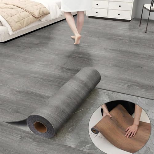 Luxuriöse, dicke Holzmaserung, zum Abziehen und Aufkleben, selbstklebende Vinyl-Bodenbelag, Rolle, DIY, einfach für Wand und Boden, harte Oberfläche/wasserdicht/rutschfest (grauer Vinylboden, 45 cm B