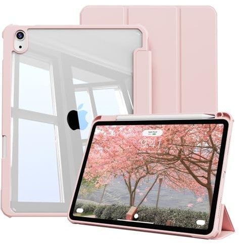 KVTVOU for iPad Air 11 inch Case 2025/2024, for iPad Air 10.9 inch 5th/4th Generation Case 2022/2020, Transparent Hard Shell, Built-in Pencil Holder, Auto Sleep/Wake, Pink