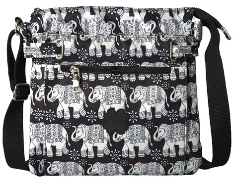 Medium Size Lightweight Fabric Multi Zip Compartment's Womens Messenger Crossbody Shoulder Bag - Ava (Elephant)