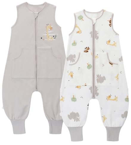 LAT Gigoteuse d'été pour Bébé avec Pieds, 0,5 TOG Sac de Couchage pour Bébé, 100% Coton Turbulette d'été Gigoteuse avec Jambes pour Bébé (Girafe+Gris, XL)