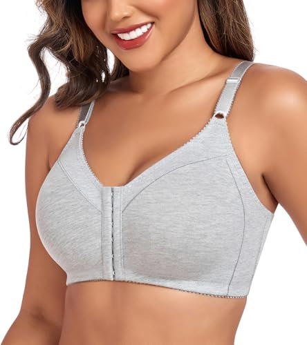 DotVol Women's Non Padded Wireless Cotton Front Closure Full Coverage Everyday Bra(Grey,38DD)