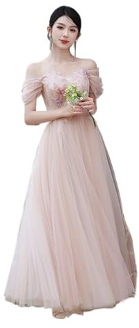 Robe Demoiselle D'honneur Robe de demoiselle d'honneur rose, 4 Styles, élégante, en Tulle fin, épaules dénudées, avec des Appliques de fleurs, ligne a, robe d'invité de fête de mariage(PINK Long D,8)