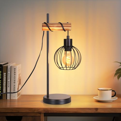 ZMH Tischlampe Vintage Wohnzimmer Nachttischlampe E27: retro Tischleuchte 1 flammig im Industrial Design aus Metall Schwarz Nachttischleuchte mit Kabel für Schlafzimmer Cafe - ohne Leuchtmittel
