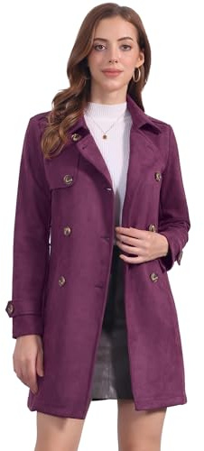 Allegra K - Cappotto da donna, in finta pelle scamosciata, con risvolto, polsini, doppio petto, con cintura e nastro, Viola scuro, XL