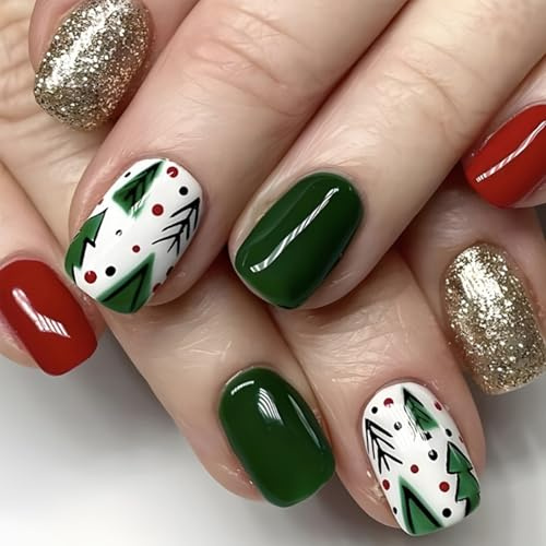 NICENEEDED 24 PCS Presse de Noël sur Les Ongles Faux Ongles Courts et Carrés en Forme de Sapin de Noël avec Paillettes Brillantes Ongles Artificiels Mignons Rouges et Verts pour Femmes Manucure DIY