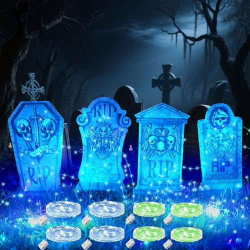 YISKY Beleuchteter Grabstein Halloween Dekoration, 4 Halloween leuchtende Grabsteine mit 8 Lichterketten 3M Leuchtstein, Grabstein, LED Grabsteine für Halloween Weihnachten