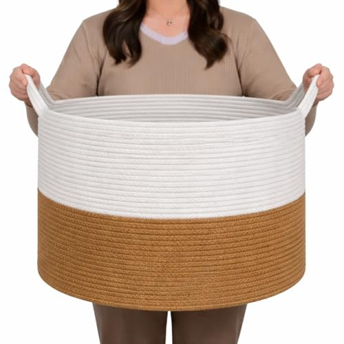 Libbi Lou Cotton Rope Storage Basket with Handles – 40cm x 25cm – Collapsible Laundry Basket, Woven Toy Storage Basket for Living Room, Nursery, Bedroom – Two-Tone Beige & Brown