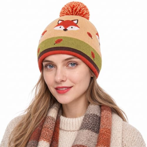 Geyoga Wollbommelmütze für Damen Fleece Gefüttert, Einheitsgröße | Handgestrickt und Handgefertigt, Mit Wollbommel, Süße Fuchs-Motiv-Pompon, In Mehrfarbig, Warm für den Winter