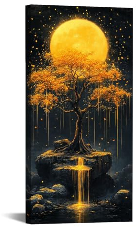 TODOAA salon abstraite arbre de vie toile tableaux Rétro Paysage D’arbre Coucher Soleil Décoration Painting - Art mural - Poster en Toile Tableau Peinture sur Murale(Doré)-60x120cm Encadrée
