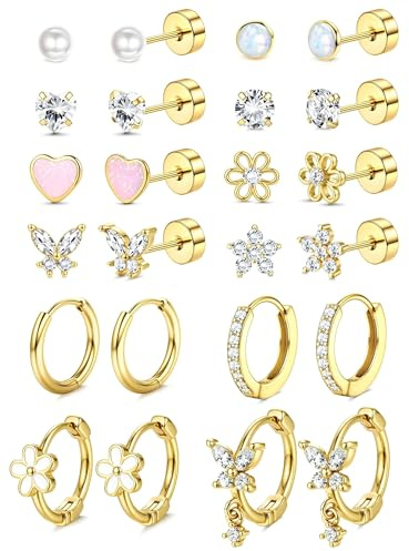 ADRAMATA 12 Paar Ohrringe Silber Chirurgenstahl Ohrringe Hypoallergene | Medizinische Ohrstecker,Mädchen Flatback Ohrring,Creolen Tragus Conch Helix Piercings,Hypoallergene Ohrringe