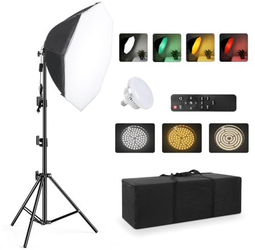 Softbox - Kit de iluminación continua, 1 paquete para cámara, fotografía, video, fotografía, estudio, luz con caja de luz octogonal de 28 x 28 pulgadas y bombilla regulable súper brillante, pantalla a