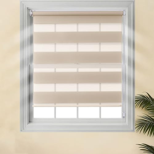 Day and Night Blind No Drill Zebra Stick on Easy Fit Window Roller Shades | Double Layer, 3-in-1 Install, Self Adhesive, No Screw, Light Filtering, Privacy, for Bedroom Kitchen Bathroom Office Door