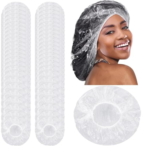 EOGRFW 50 PCS Disposable Shower Caps, Extra Large Shower Caps, Clear | Waterproof Clear Plastic Hair Caps, Oversized Disposable Shower Cap for Women Long Braids, Caps for Bath Treatment