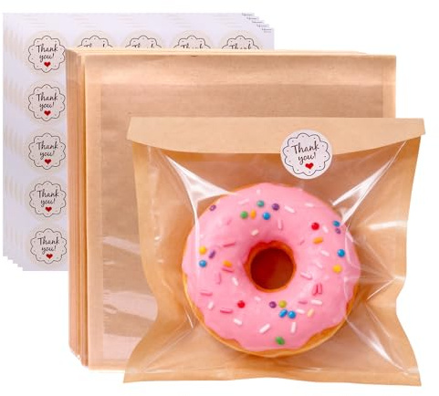 RUNYU 100 Stück Papiertüten mit Fenster 18×19cm Brotpapiertüten Bäckertüten | Plätzchentüten Kraftpapier Tüten mit Sichtfenster, Aufkleber, Brottüten Papier für Gebäck Süßigkeiten Keks Geschenke