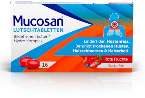 Mucosan Lutschtabletten |Lindern Hustenreiz |16 Stück | Mit Ectoin Hydro Komplex | Bei trockenem Husten, Halsschmerzen & Heiserkeit | Rote-Früchte-Geschmack | Zuckerfrei | Ab 6 Jahren