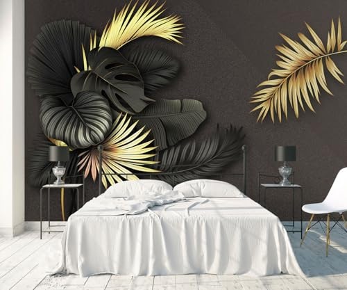 Papier Peint Feuilles D'Or Noir 400x255cm Papier Peint Panoramique Intissé Tapisserie Poster Chambre Salon Decoration Murale -MIWEI Wallpaper-ZXY-38185