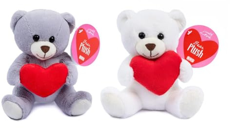 Quickdraw Supplies Mother’s Day Teddy Bears Set of 2 Plush Love Heart Soft Toys 15cm Grey & White for Mum Letterbox Present Mini Cuddly Bear Pair Keepsake Decoration