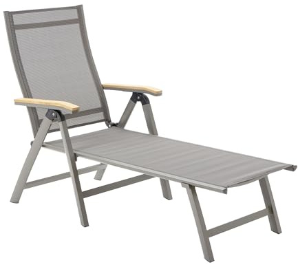 Dehner Gartenliege Colmar, Sonnenliege mit Verstellbarer Rückenlehne, 66 x 105 x 180 cm (B/H/T), Sitzhöhe 35.5 cm, Aluminium/Textilene/FSC® zertifiziertes Teakholz, grau/dunkelgrau/hellbrau