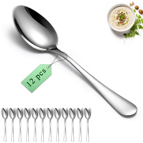 Dinner Spoons Set 12pcs, 18.7cm Soup Spoon Berglander Food Grade Stainless Steel Silverware Spoons, Metal Tablespoon for Home, Kitchen or Restaurant Mirror Polished, Dishwasher Safe