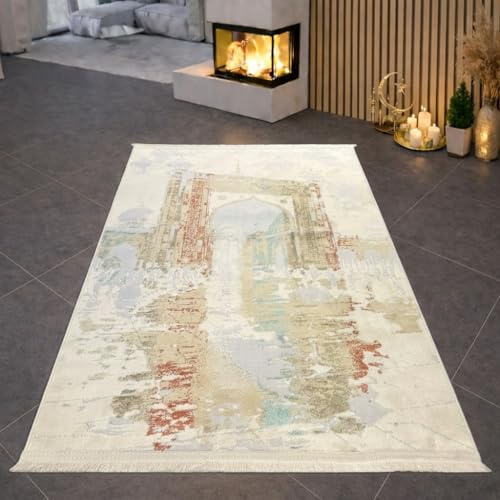 CARPETIA Gebetsteppich Moschee Torbogen Motiv orientalisch elegant weich islamischer Teppich für Gebet Namaz Salah Creme 80 x 120 cm