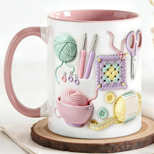 Tasse für Garnliebe, 330ML Häkeln Kaffeetasse Geschenke für Häkelfans, Häkel Keramik Kaffeebecher Lustiges mit Isoliertem Griff, Neuartige Garn Kaffeetasse Häkelgeschenk für Strick Häkelliebhaber