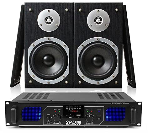 Skytronic Fenton SHFB55B 5 Hi-Fi Bookshelf Speaker System with Skytec 500W Stereo Amplifier, USB/SD MP3, FM Radio & AUX Input, Complete Home Audio Entertainment Bundle