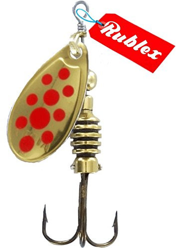 Rublex - Pack de 5 Cucharillas de Pesca Celta-2 OPR | Cebo Artificial de Pesca con Sistema Quita-Vueltas y Anzuelo Fácilmente Intercambiable, Color Oro Puntos Rojos, 3'5gr
