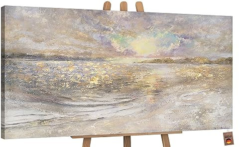 YS Tableau peinte à la main Crépuscule de la mer Art abstrait modern Surface texturée Motif de la mer en été dans des couleurs claires Déco murale salon 160x80 cm