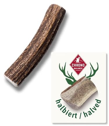 ChronoBalance® S - Hirschgeweih für Hunde – 1er Set Halbierte Kauspielzeuge, 100% Natürliches Kauknochen Hundespielzeug zur Zahnpflege, Nachhaltige Hunde Kauartikel ohne Chemie