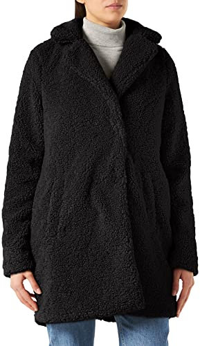 Noisy May Damen Langer Kunstfell Mantel | Warme Teddy Winter Jacke | Lamm Plüsch Parka ohne Kapuze NMGABI, Farben:Schwarz, Größe:40