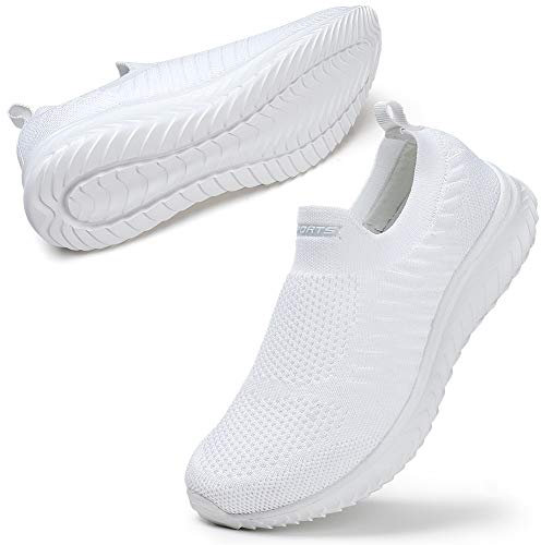 STQ Zapatillas Deporte para Mujer Malla Deslizante Running Ligero Comodos Sin Cordones Zapatos Blancas 36 EU