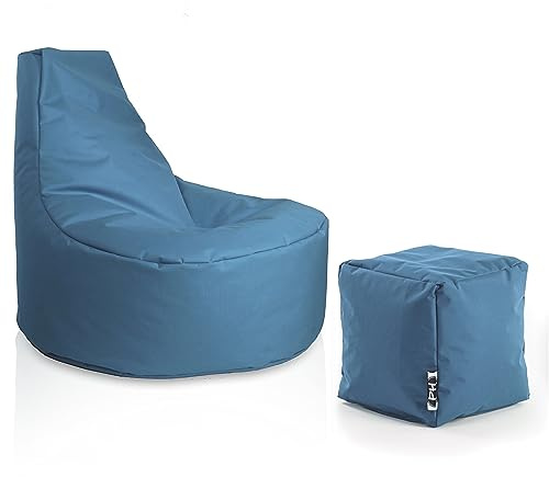 PATCH HOME Gamer Sessel inkl. Würfel Bean Bag Set Ø75cm, 30cm Sitzhöhe, 80cm Höhe + 35x35cm Würfel Blaugrau