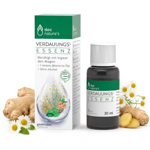 doc nature's Verdauungs-Essenz, 30 ml Tropfen, beruhigt den Magen, mit Ingwer & Kräuterölen von Pfefferminze, Fenchel, Anis & Kamille, pflanzliche Magen-Darm-Tropfen, alkoholfrei, vegan, zuckerfrei