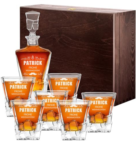 Maverton 950 ml Whiskey Karaffe + 6er Whiskygläser Set mit Gravur - Whisky Dekanter - luxuriöses Design - Kristallglas - für Männer zum Geburtstag - Schnurrbart