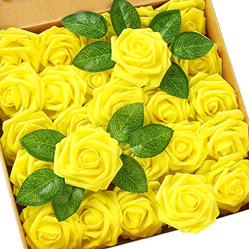 DERAYEE 25 PCS Artificial Roses, Foam Roses Flowers DIY Flower for Wedding Bridal Bouquets Home Party Garden Decorations (Yellow)
