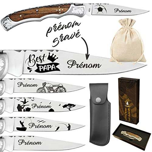 Couteau Marque Laguiole Bougna personnalisé avec dessin et prénom gravé - Cadeau pour homme : fête des pères, papa, grands pères (papi, papy) anniversaire, noël Cadeau Saint Valentin