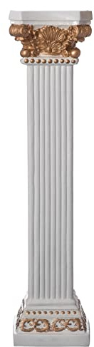 Decorative Modern Fiberglass White and Gold Plinth Roman Style Column Ionic Pedestal Vase Stand for Wedding, Living Room, or Dining Room, 49 inch