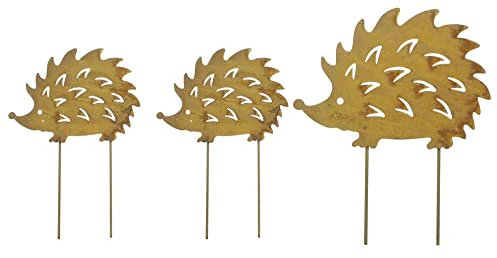 FRANK FLECHTWAREN Gartenstecker Igel, 3er Set, Metall in trendigem Rostdesign, Maße: 2 Stück 14 x 20 cm, 1 Stück 20 x 25 cm