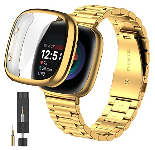 ZPJPPLX Für Fitbit Versa 4 Metall-Uhrenarmband mit weichem TPU-Gehäuse, kompatibel mit Fitbit Sense 2, Edelstahlarmband und Displayschutzfolie für Herren und Damen, Gold