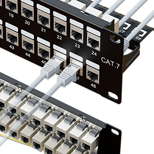 iwillink 48 Port RJ45 Through Coupler 2U Cat7 Patch Panel STP Shielded 19 Inch with Back Bar, Wall or Rackmount, Compatible with Cat5e, Cat6, Cat6A, Cat7 Cabling