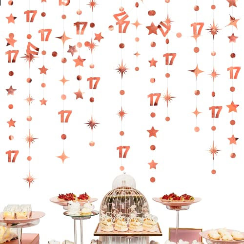 Rose Gold 17th Birthday Decorations Nummer 17 Kreis Dot Twinkle Star Girlande Metallic Hanging Streamer Hintergrund für Mädchen 17 Jahre alt Geburtstag siebzehn Offizielle Teenager Party Supplies