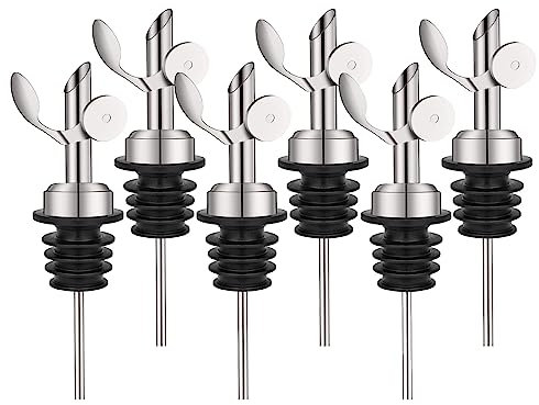 WAFJAMF 6 Pcs Weighted Stainless Steel Bottle Pourers, Self Closing Olive Oil Dispenser Spout, Auto Flip Feature Liquor Pour Spouts for Pours Liquid, Olive Oil, Wine, Vinegar（Silver）