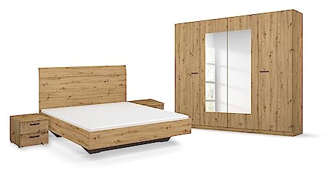 Rauch Möbel Florenz, Schlafzimmer-Set, Farbe Eiche Artisan, 4-teilig | Set bestehend aus Bett, Liegefläche 180x200cm, Nachttisch-Paar 2 Schubladen 40x36x40cm, Kleiderschrank, Spiegel 226x210x54cm