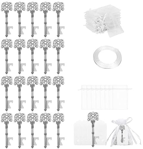 Ruspela Set di 20 apribottiglie in stile vintage per gli ospiti, regalo di nozze, apribottiglie con sacchetto di cordoncino bianco, scatola di caramelle con ciondolo regalo di nozze