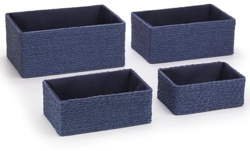 EHC Storage Baskets Set 4, Woven Basket Paper Storage Bin, Storage baskets for Shelves, Boxes for Makeup Closet Bathroom Bedroom Living Room, Navy Blue