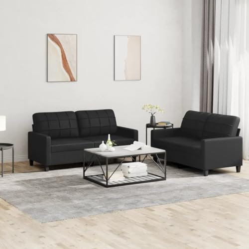 Homgoday 2-TLG. Sofagarnitur mit Kissen Loungesofa Couch Wohnzimmersofa Sofa Couch Couchgarnitur Doppelsofa Designsofa Moderner für Wohnzimmer Büro Schwarz Kunstleder