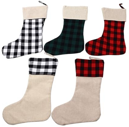 Karierter Weihnachtsstrumpf mit Großem Fassungsvermögen, Hochwertigem Stoff und Vielseitiger Verwendung, Dekoration für Baum, Treppe, Kamin, 5 Stück